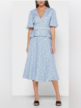 TED BAKER Mabbel Dotty Peplum Tea Dress in light blue